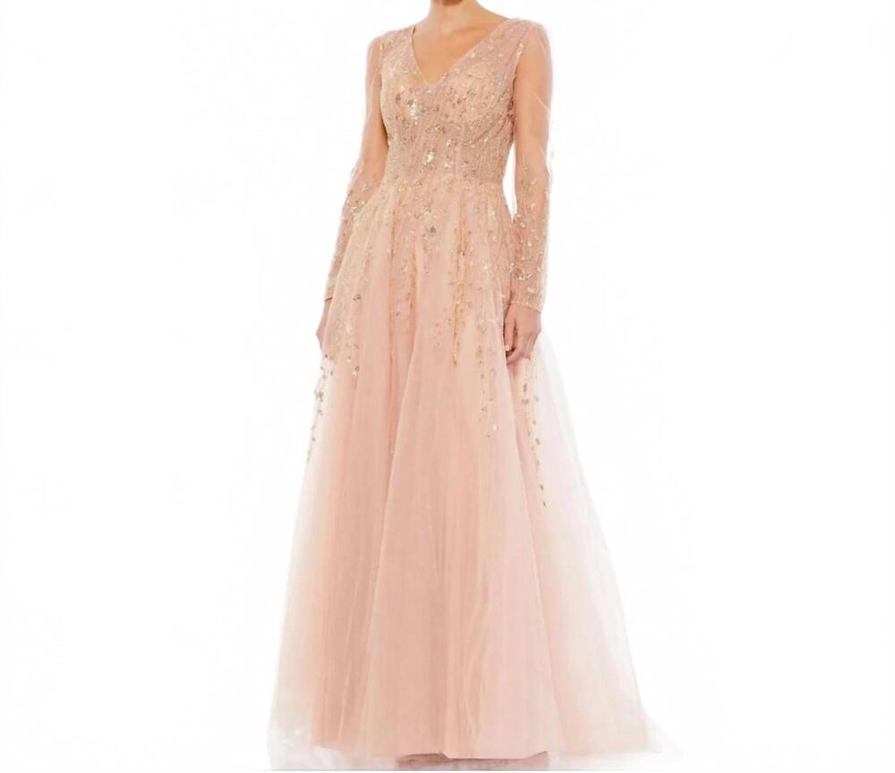 NEW MAC DUGGAL women's beaded long sleeve gown in pink champagne
